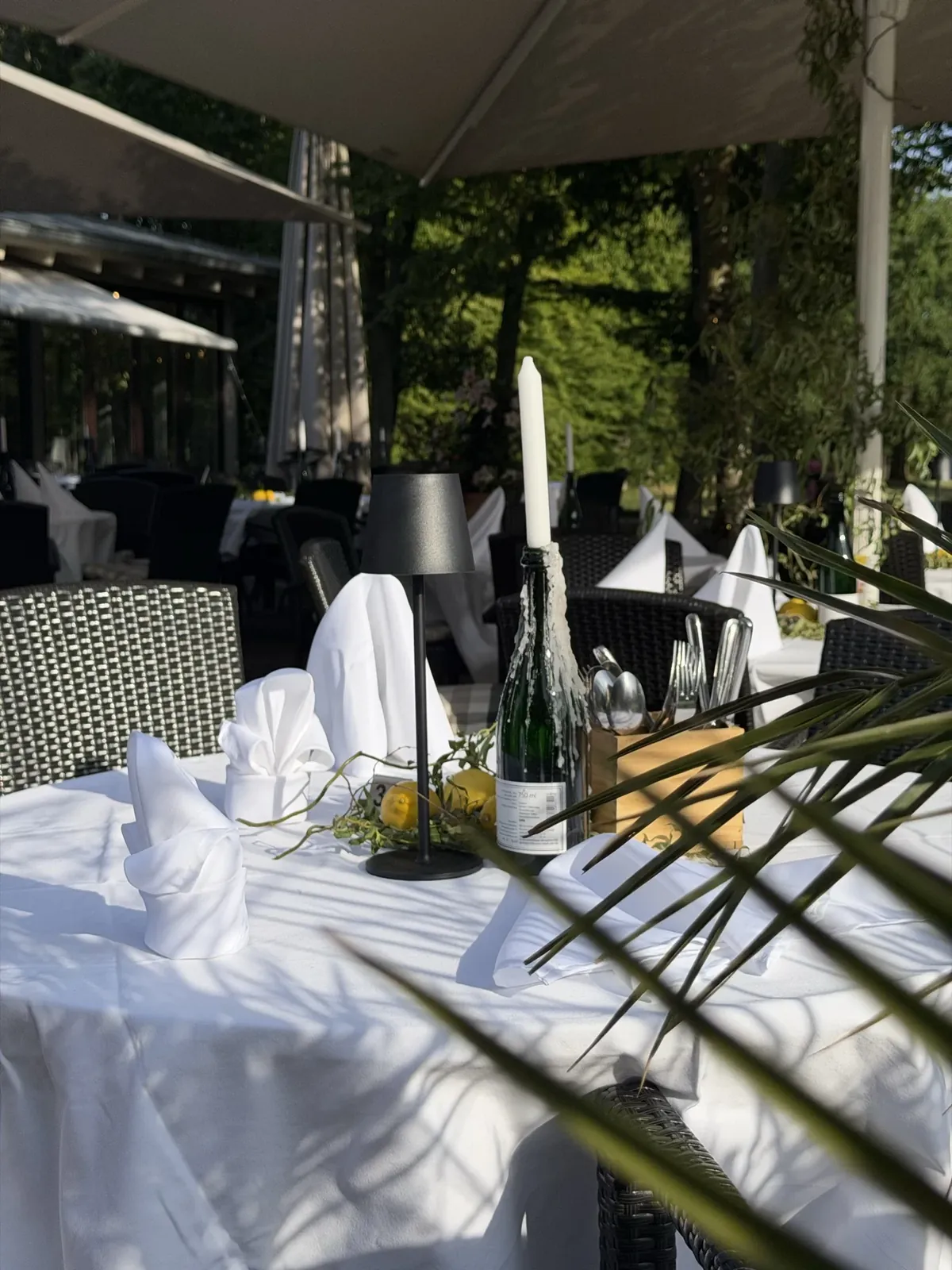 Sommerlich gedeckter Tisch mit weißen Servietten
